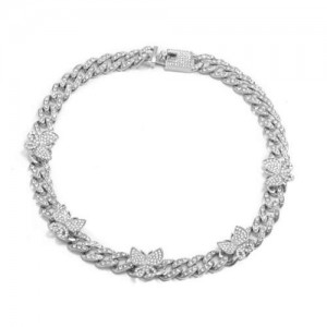 Mini Butterflies Decorated Cuban Chain Chunky Design Women High Fashion Statement Necklace - Silver and White