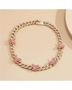 Mini Butterflies Decorated Cuban Chain Chunky Design Women High Fashion Statement Necklace - Golden and Pink