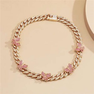 Mini Butterflies Decorated Cuban Chain Chunky Design Women High Fashion Statement Necklace - Golden and Pink