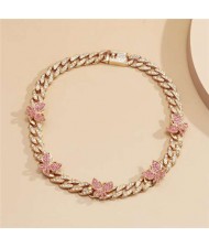 Mini Butterflies Decorated Cuban Chain Chunky Design Women High Fashion Statement Necklace - Golden and Pink