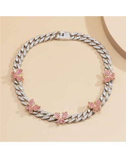 Mini Butterflies Decorated Cuban Chain Chunky Design Women High Fashion Statement Necklace - Silver and Pink