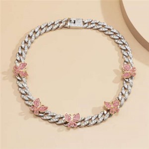 Mini Butterflies Decorated Cuban Chain Chunky Design Women High Fashion Statement Necklace - Silver and Pink
