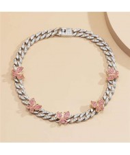 Mini Butterflies Decorated Cuban Chain Chunky Design Women High Fashion Statement Necklace - Silver and Pink
