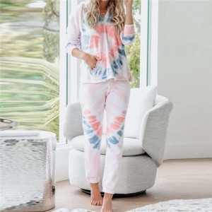 High Fashion Abstract Dyed Flowers Long Sleeves Women Homewear/ Pajamas Suit - White