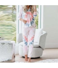 High Fashion Abstract Dyed Flowers Long Sleeves Women Homewear/ Pajamas Suit - White