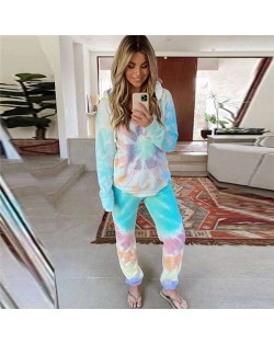 High Fashion Abstract Dyed Flowers Long Sleeves Women Homewear/ Pajamas Suit - Blue