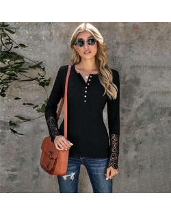 Solid Color Lace Sleeves Design Casual Fashion Women Top/ T-shirt - Black