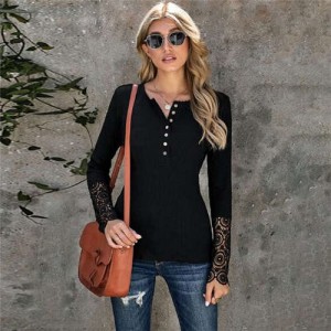 Solid Color Lace Sleeves Design Casual Fashion Women Top/ T-shirt - Black