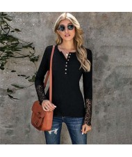 Solid Color Lace Sleeves Design Casual Fashion Women Top/ T-shirt - Black
