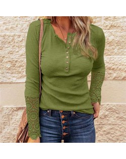 Solid Color Lace Sleeves Design Casual Fashion Women Top/ T-shirt - Green