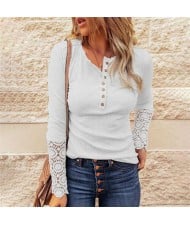 Solid Color Lace Sleeves Design Casual Fashion Women Top/ T-shirt - White
