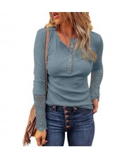 Solid Color Lace Sleeves Design Casual Fashion Women Top/ T-shirt - Blue