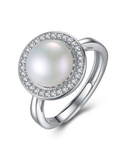Natural Pearl Embellished Rhinestones Rimmed 925 Sterling Silver Adjustable Size Women Ring