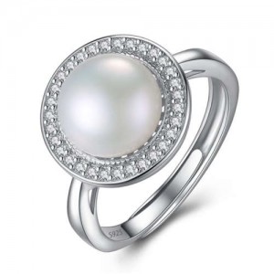 Natural Pearl Embellished Rhinestones Rimmed 925 Sterling Silver Adjustable Size Women Ring