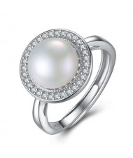 Natural Pearl Embellished Rhinestones Rimmed 925 Sterling Silver Adjustable Size Women Ring