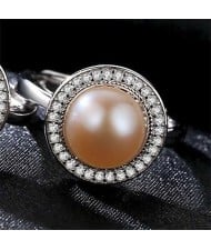 Natural Pearl Embellished Rhinestones Rimmed 925 Sterling Silver Adjustable Size Women Ring