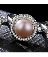 Natural Pearl Embellished Rhinestones Rimmed 925 Sterling Silver Adjustable Size Women Ring