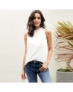 Ruffle Collar Sleeveless Design High Fashion Women Top/ T-shirt - White