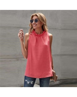 Ruffle Collar Sleeveless Design High Fashion Women Top/ T-shirt - Red