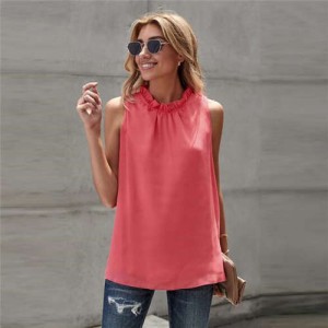 Ruffle Collar Sleeveless Design High Fashion Women Top/ T-shirt - Red
