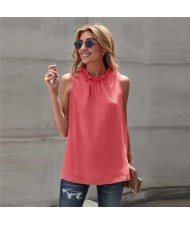 Ruffle Collar Sleeveless Design High Fashion Women Top/ T-shirt - Red