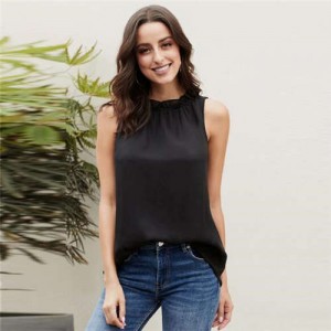 Ruffle Collar Sleeveless Design High Fashion Women Top/ T-shirt - Black