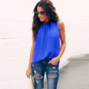 Ruffle Collar Sleeveless Design High Fashion Women Top/ T-shirt - Blue