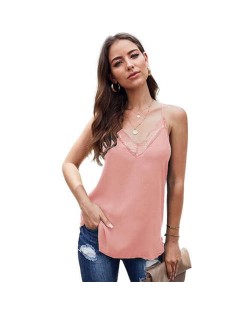 Lace Design Striped Slim Fashion Women Top/ T-shirt - Pink