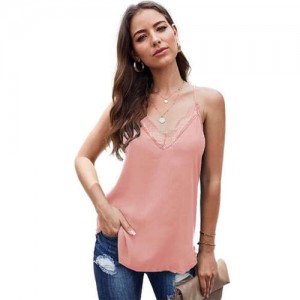 Lace Design Striped Slim Fashion Women Top/ T-shirt - Pink
