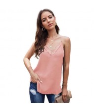 Lace Design Striped Slim Fashion Women Top/ T-shirt - Pink