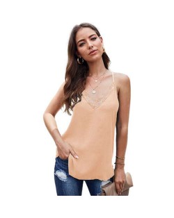 Lace Design Striped Slim Fashion Women Top/ T-shirt - Apricot