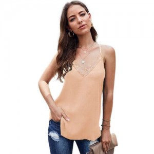 Lace Design Striped Slim Fashion Women Top/ T-shirt - Apricot