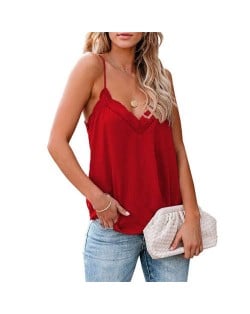 Lace Design Striped Slim Fashion Women Top/ T-shirt - Red