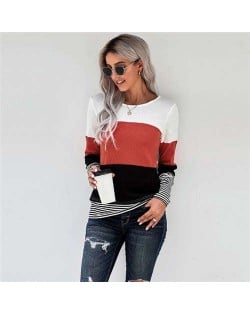 Contrast Colors Jointed Long Sleeves Fashion Women Top/ T-shirt - Orange