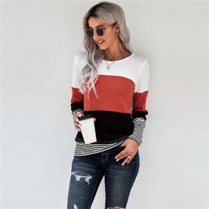 Contrast Colors Jointed Long Sleeves Fashion Women Top/ T-shirt - Orange