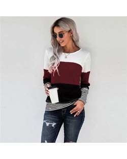 Contrast Colors Jointed Long Sleeves Fashion Women Top/ T-shirt - Dark Red