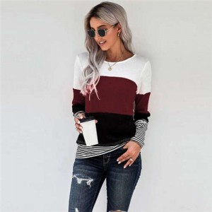 Contrast Colors Jointed Long Sleeves Fashion Women Top/ T-shirt - Dark Red