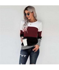 Contrast Colors Jointed Long Sleeves Fashion Women Top/ T-shirt - Dark Red