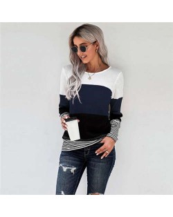 Contrast Colors Jointed Long Sleeves Fashion Women Top/ T-shirt - Blue