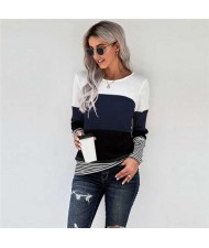 Contrast Colors Jointed Long Sleeves Fashion Women Top/ T-shirt - Blue
