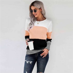 Contrast Colors Jointed Long Sleeves Fashion Women Top/ T-shirt - Apricot