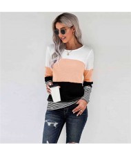 Contrast Colors Jointed Long Sleeves Fashion Women Top/ T-shirt - Apricot