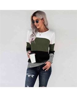 Contrast Colors Jointed Long Sleeves Fashion Women Top/ T-shirt - Green