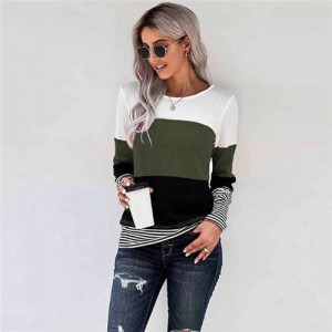 Contrast Colors Jointed Long Sleeves Fashion Women Top/ T-shirt - Green