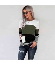Contrast Colors Jointed Long Sleeves Fashion Women Top/ T-shirt - Green