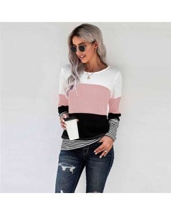 Contrast Colors Jointed Long Sleeves Fashion Women Top/ T-shirt - Pink