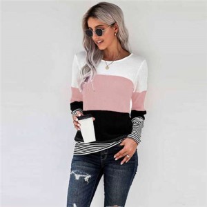 Contrast Colors Jointed Long Sleeves Fashion Women Top/ T-shirt - Pink