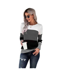 Contrast Colors Jointed Long Sleeves Fashion Women Top/ T-shirt - Gray