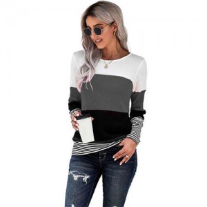 Contrast Colors Jointed Long Sleeves Fashion Women Top/ T-shirt - Gray