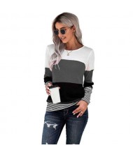 Contrast Colors Jointed Long Sleeves Fashion Women Top/ T-shirt - Gray